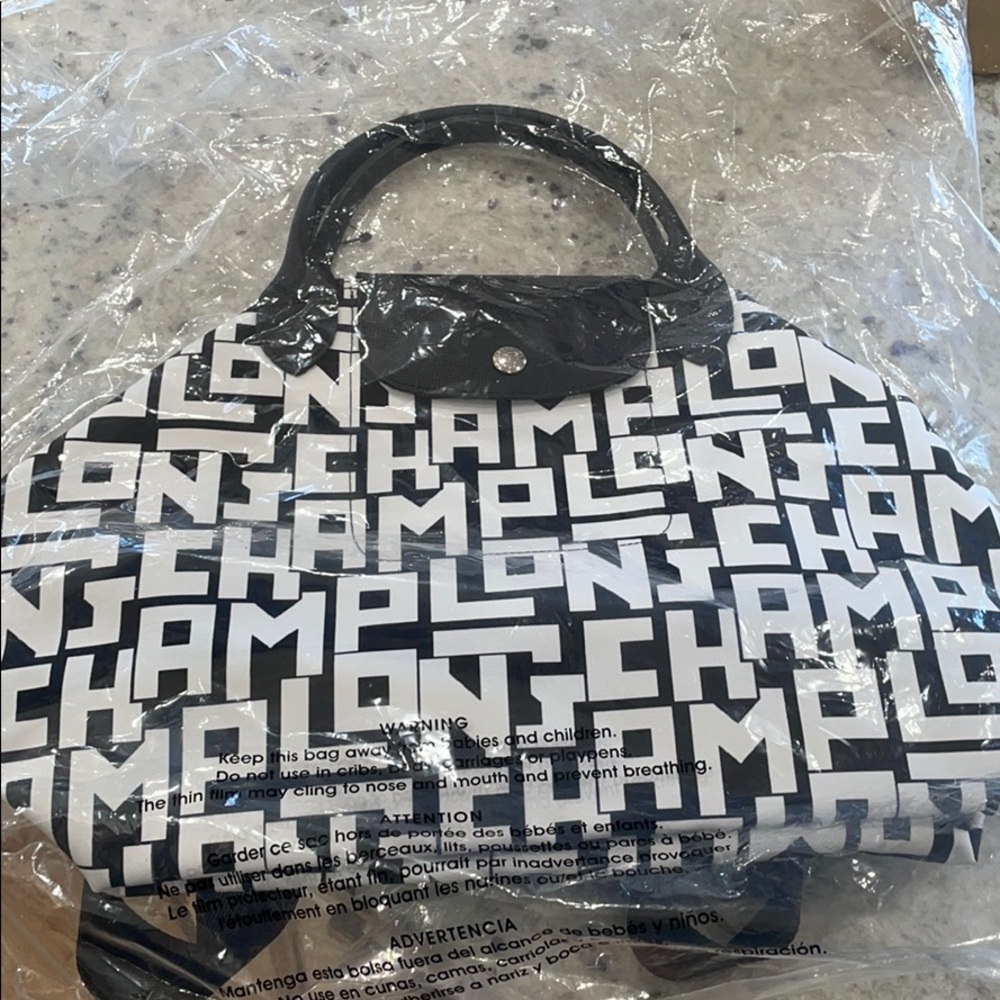 Longchamp black & white print tote/overnight bag